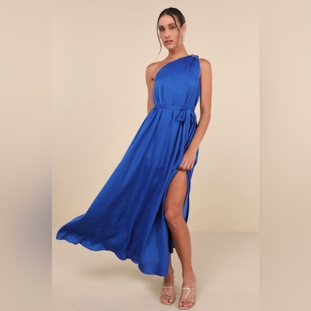 NEW Lulus Goddess Aura Cobalt Blue Satin One Shoulder Maxi Dress Slit Formal